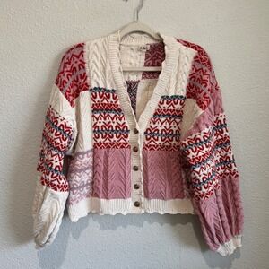P.O.L. Women's Patchwork Cardigan Sweater Fair Isle Boho Pink Cable Knit Cozy
